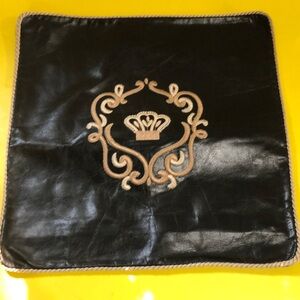 Two (matching pair) Black Leather Pillow Covers with Gold Embroider. 18in x 18in